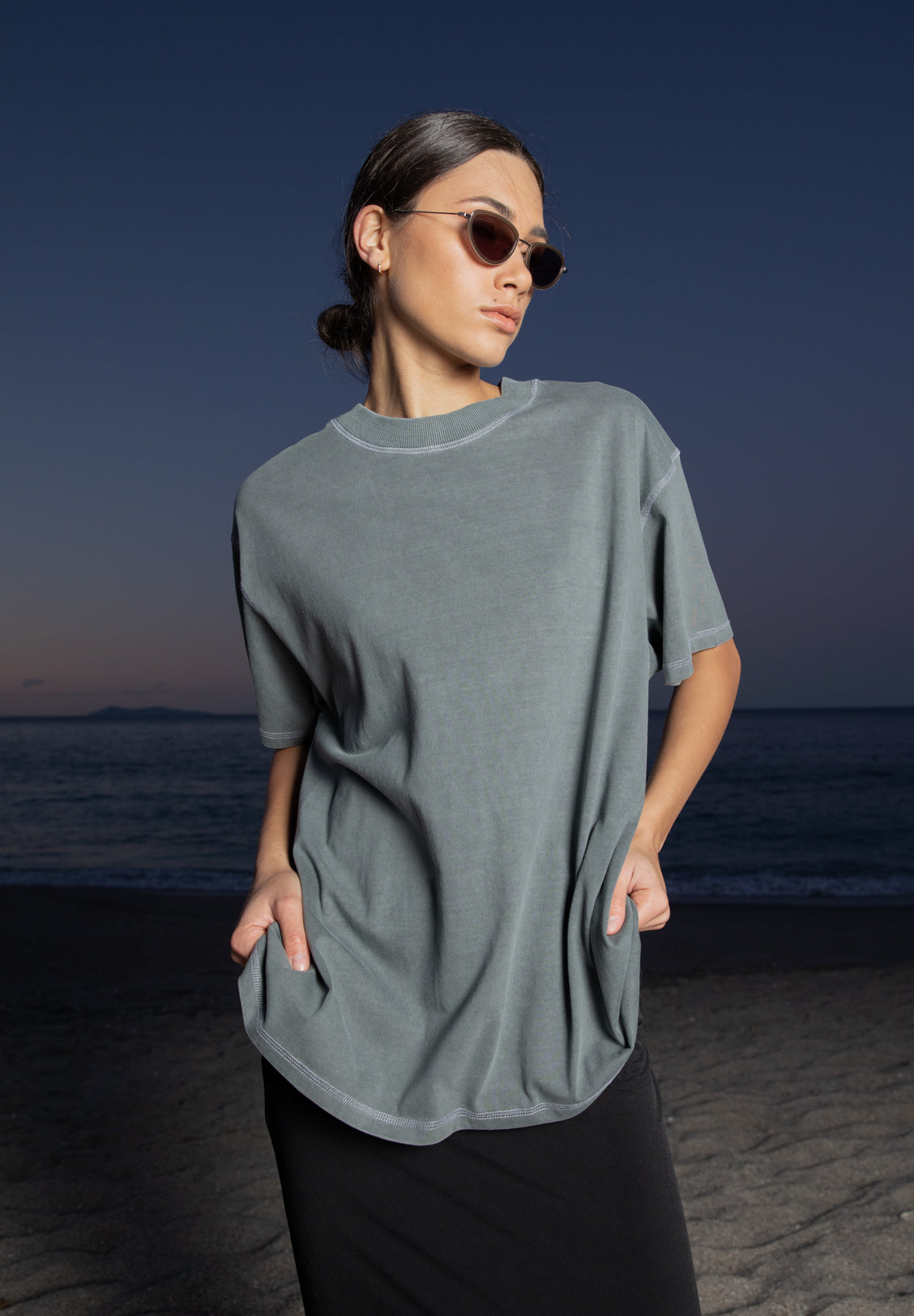 WOMENS BOY TEE, STORMY W MARLE TOPSTITCH