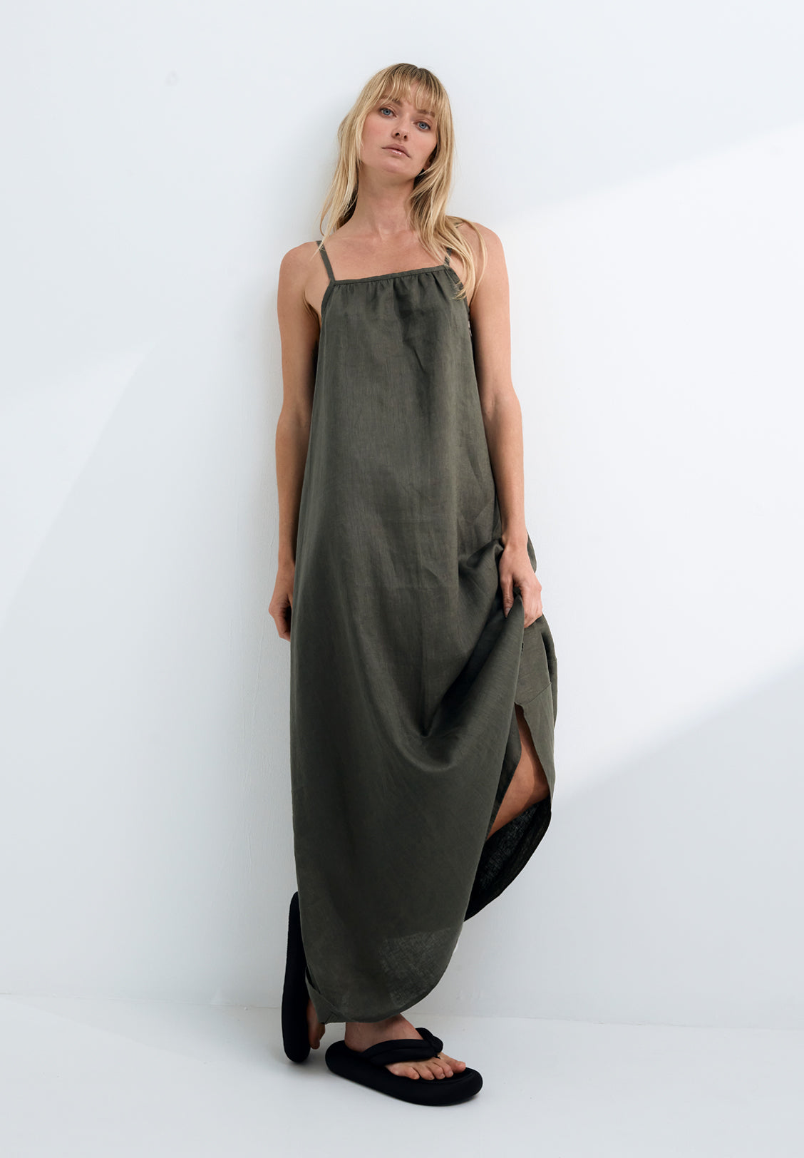 LINEN SUNDRESS, OLIVE GREY – LAST ONES