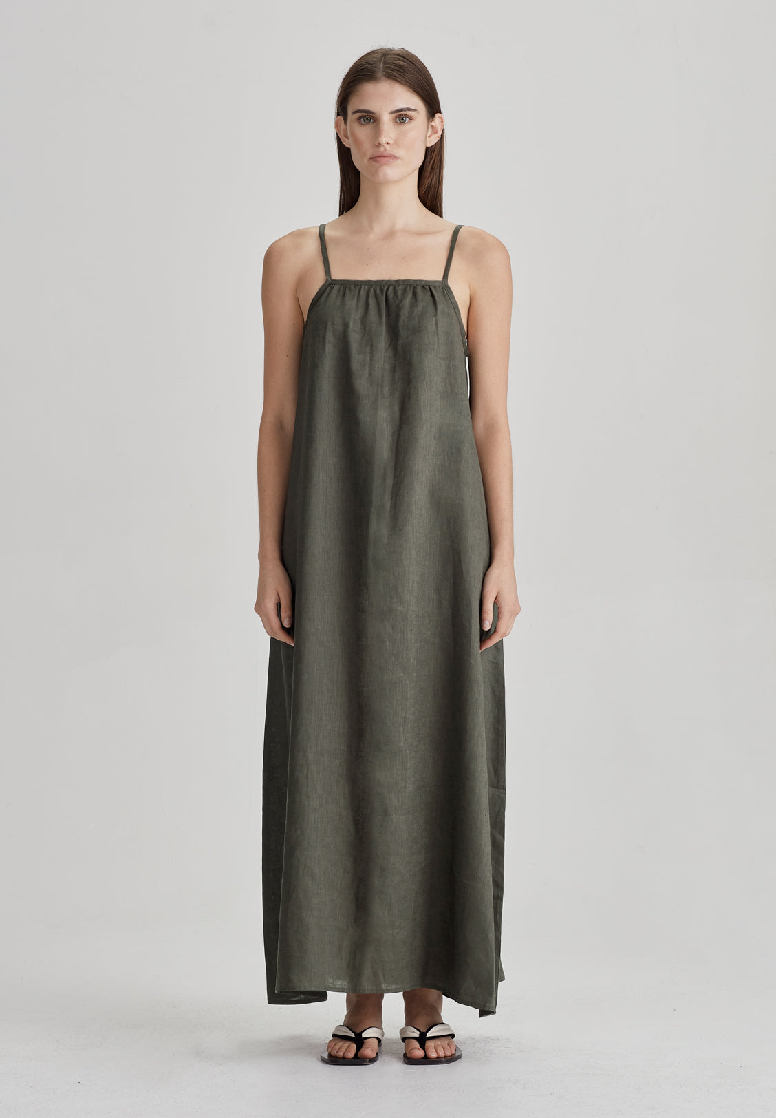 LINEN SUNDRESS, OLIVE GREY – LAST ONES