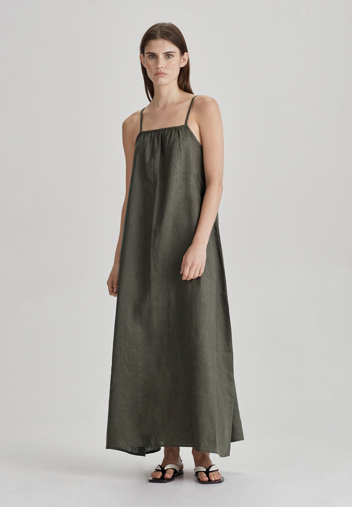 LINEN SUNDRESS, OLIVE GREY – LAST ONES