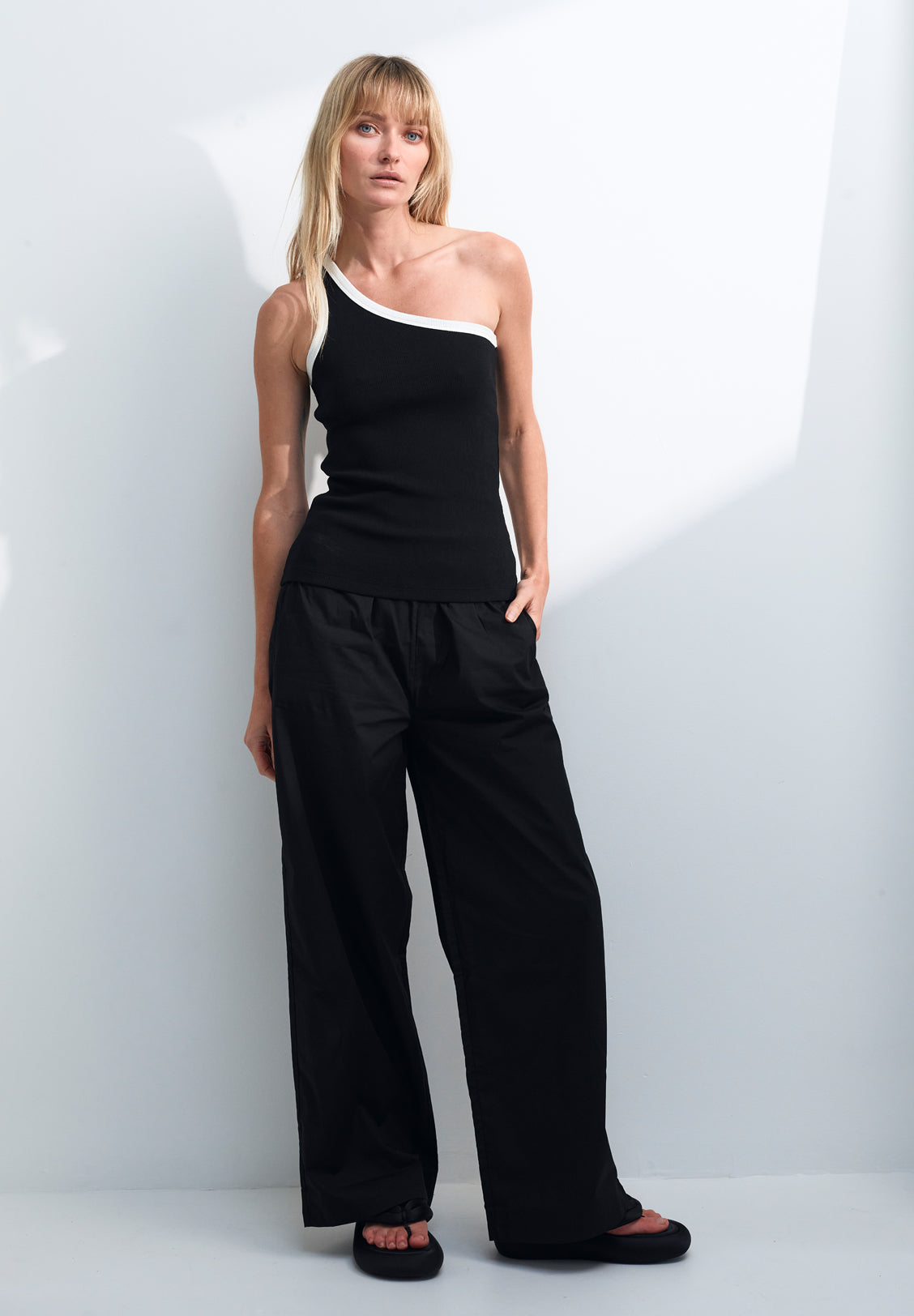 ONE SHOULDER RIB TANK, BLACK / WHITE - LAST ONES