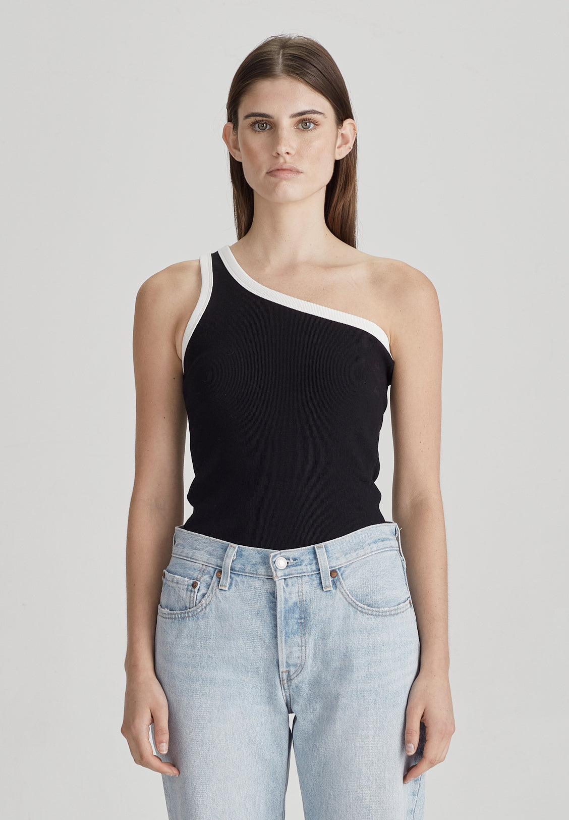 ONE SHOULDER RIB TANK, BLACK / WHITE - LAST ONES