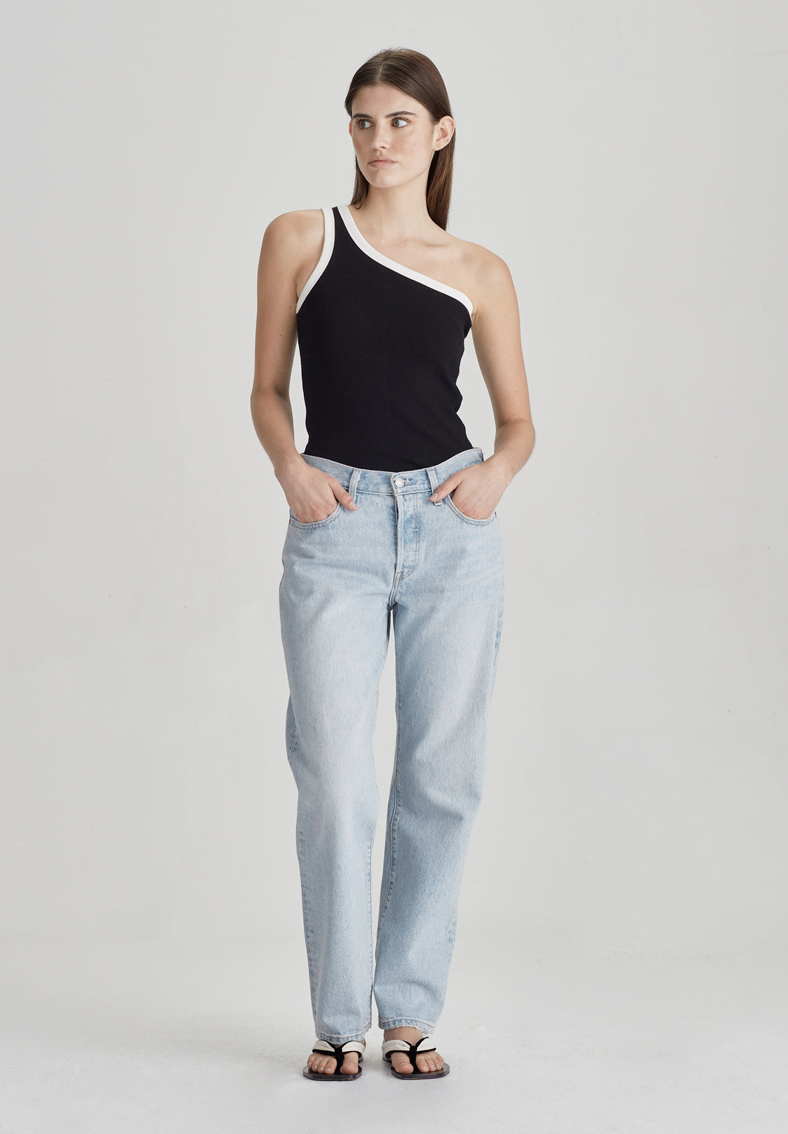 ONE SHOULDER RIB TANK, BLACK / WHITE - LAST ONES