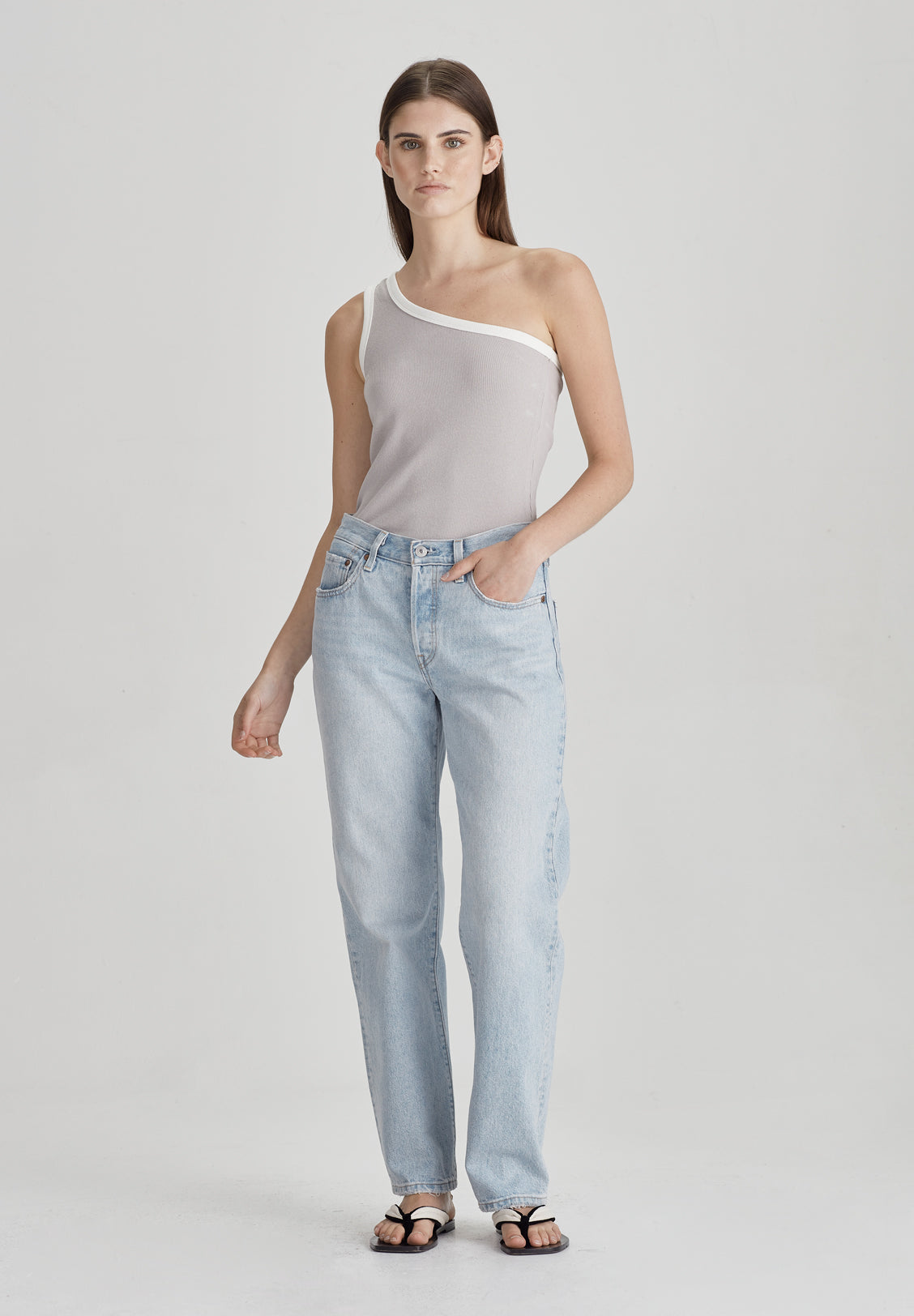 ONE SHOULDER RIB TANK, STONE / WHITE – LAST ONES