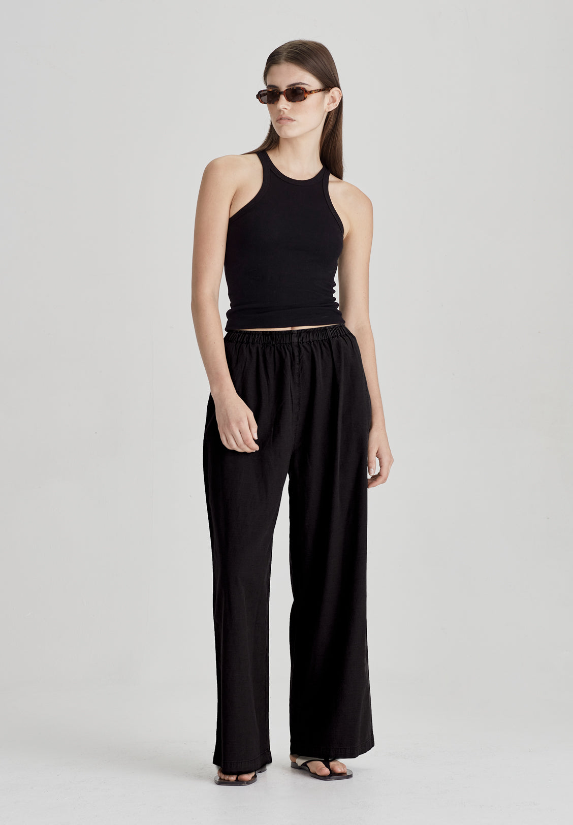 LINEN BLEND PULL ON PANT, BLACK