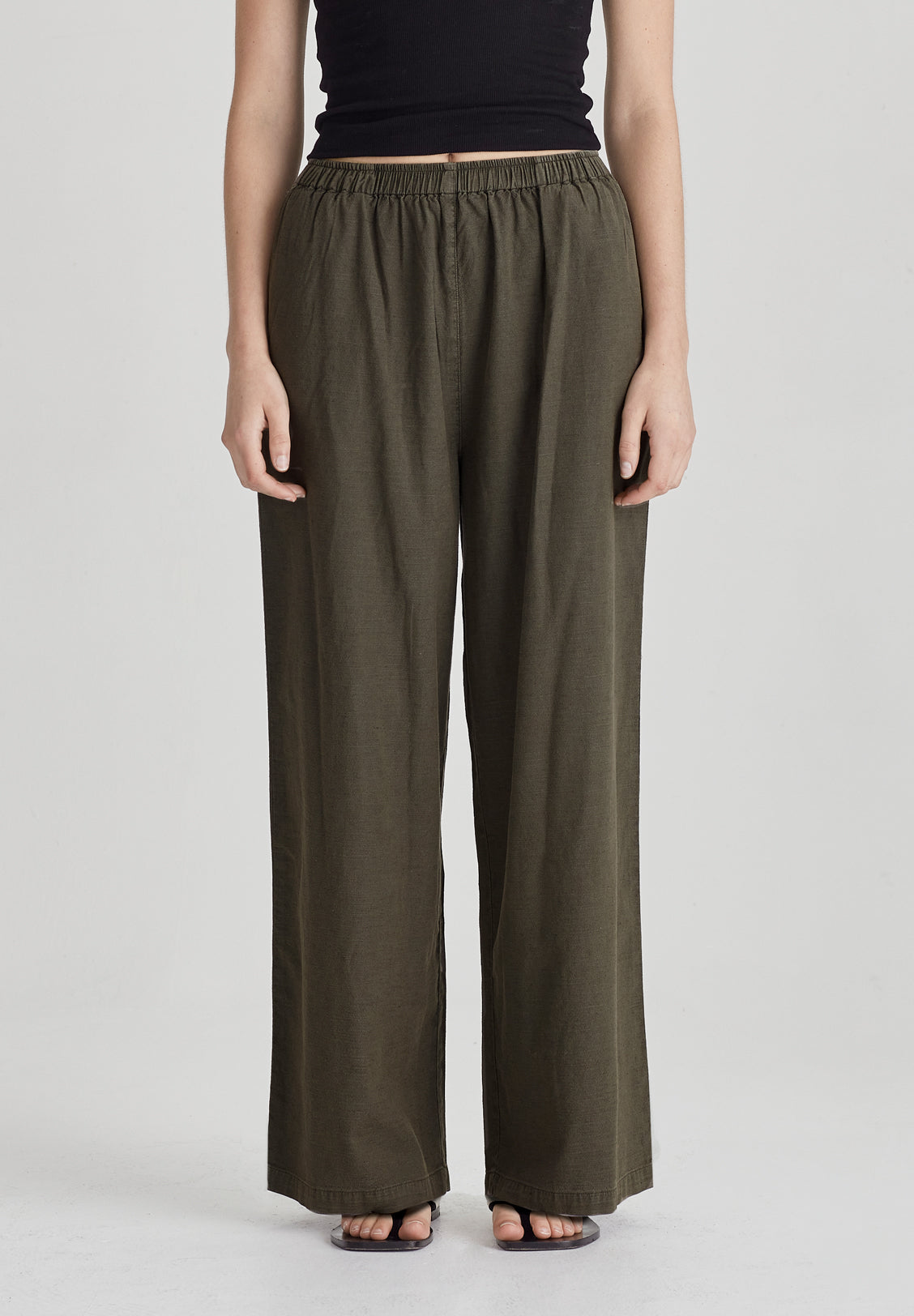 LINEN BLEND PULL ON PANT, OLIVE GREY