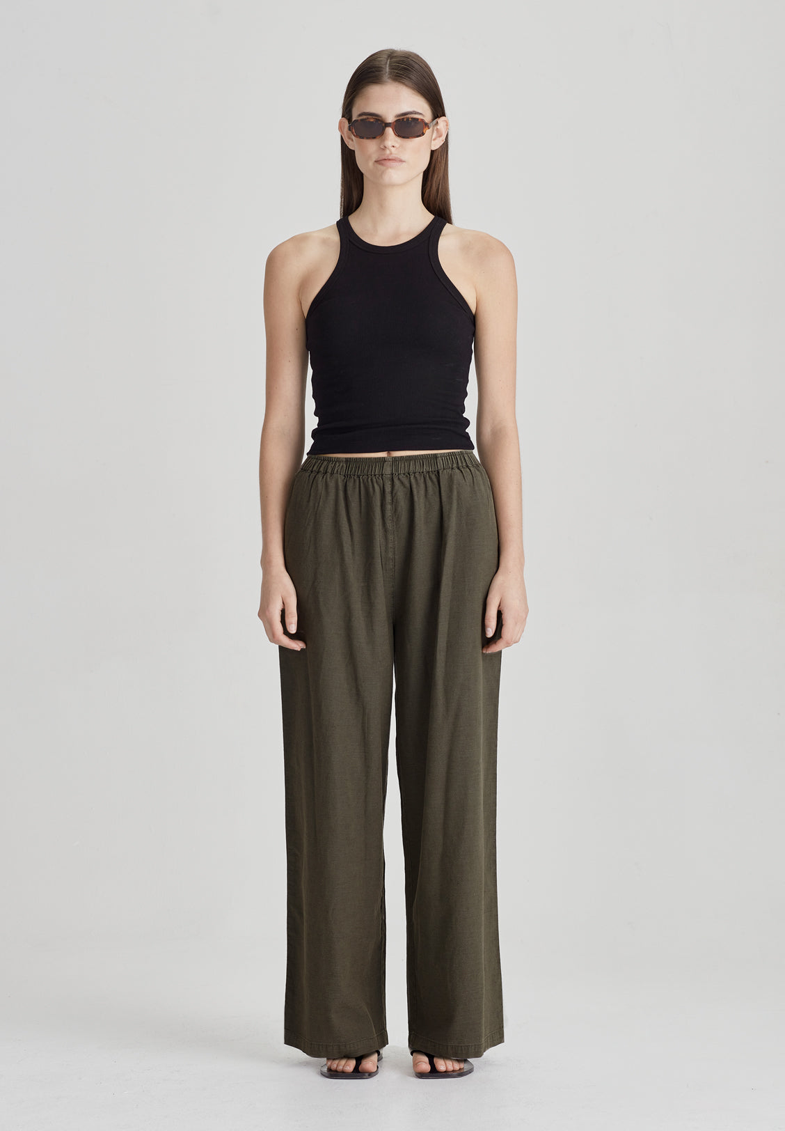 LINEN BLEND PULL ON PANT, OLIVE GREY