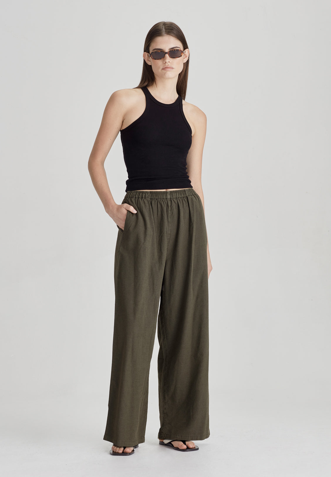 LINEN BLEND PULL ON PANT, OLIVE GREY