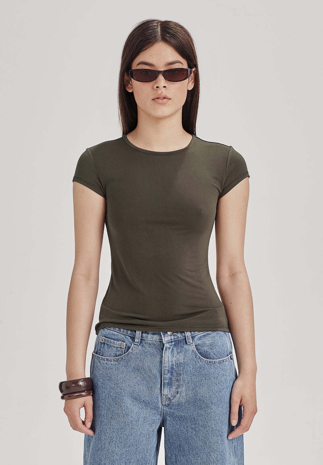 CAP SLEEVE TEE, OLIVE GREY