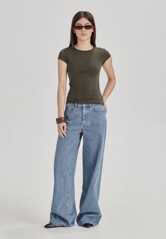 CAP SLEEVE TEE, OLIVE GREY