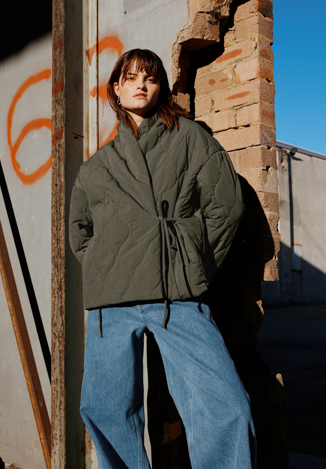 *PREORDER* QUILTED WRAP JACKET, OLIVE GREY