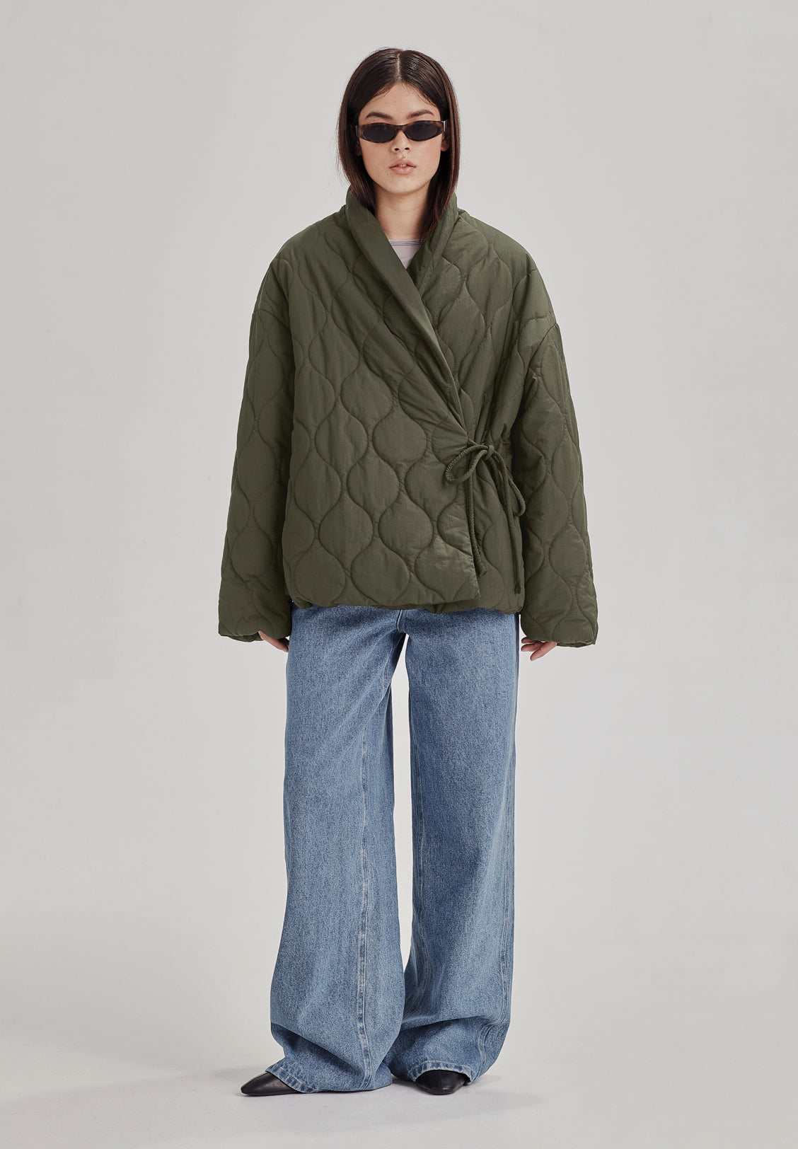 *PREORDER* QUILTED WRAP JACKET, OLIVE GREY