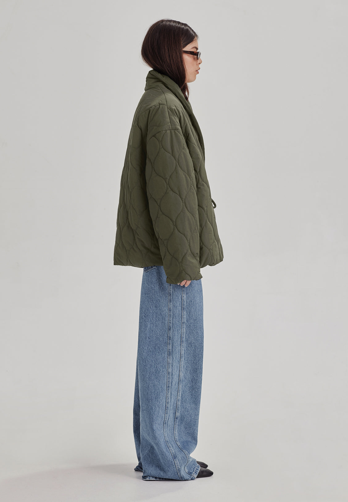 QUILTED WRAP JACKET, OLIVE GREY