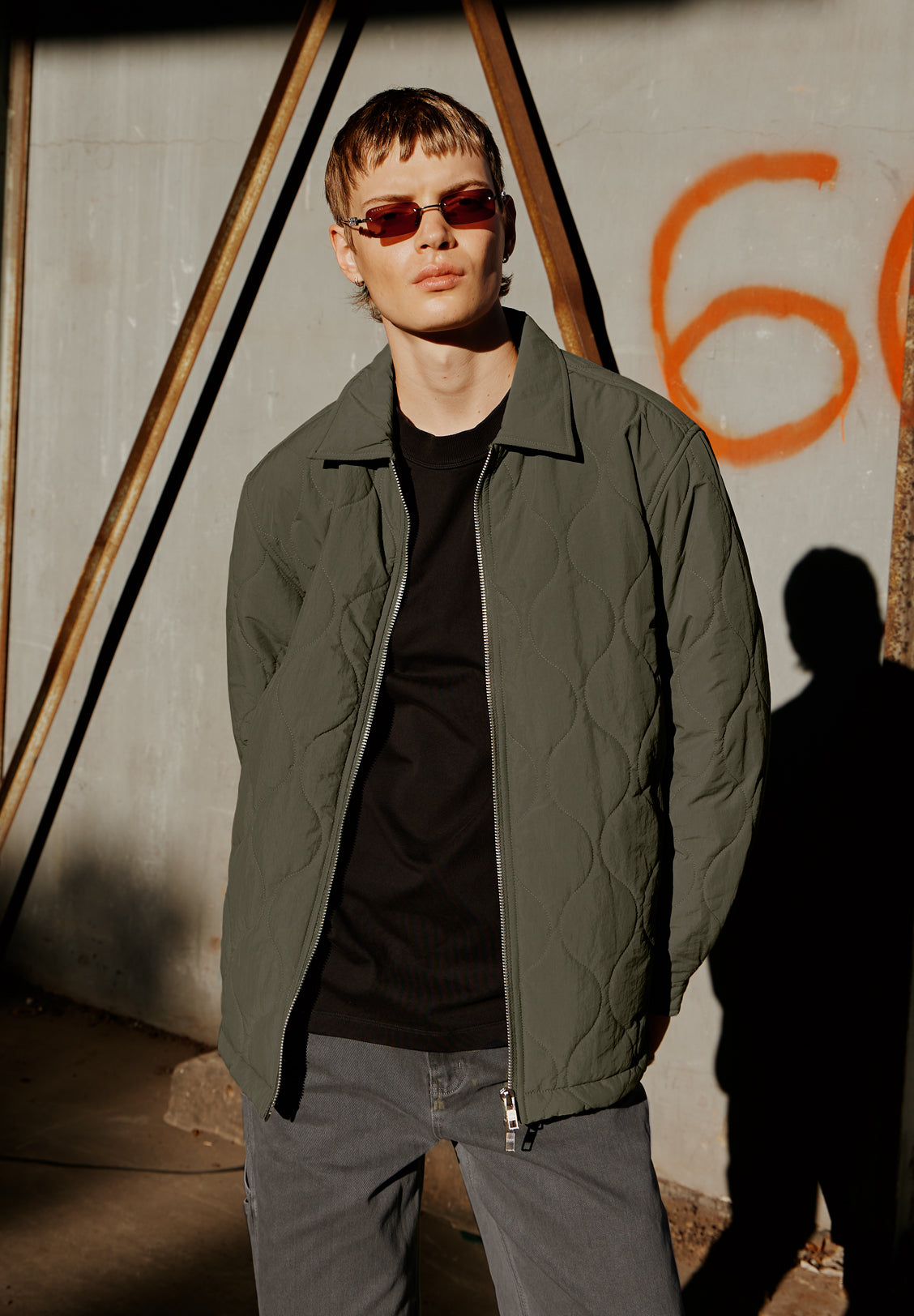 QUILTED ZIP JACKET, OLIVE GREY