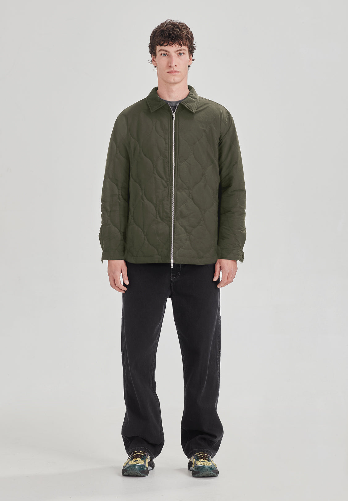 QUILTED ZIP JACKET, OLIVE GREY