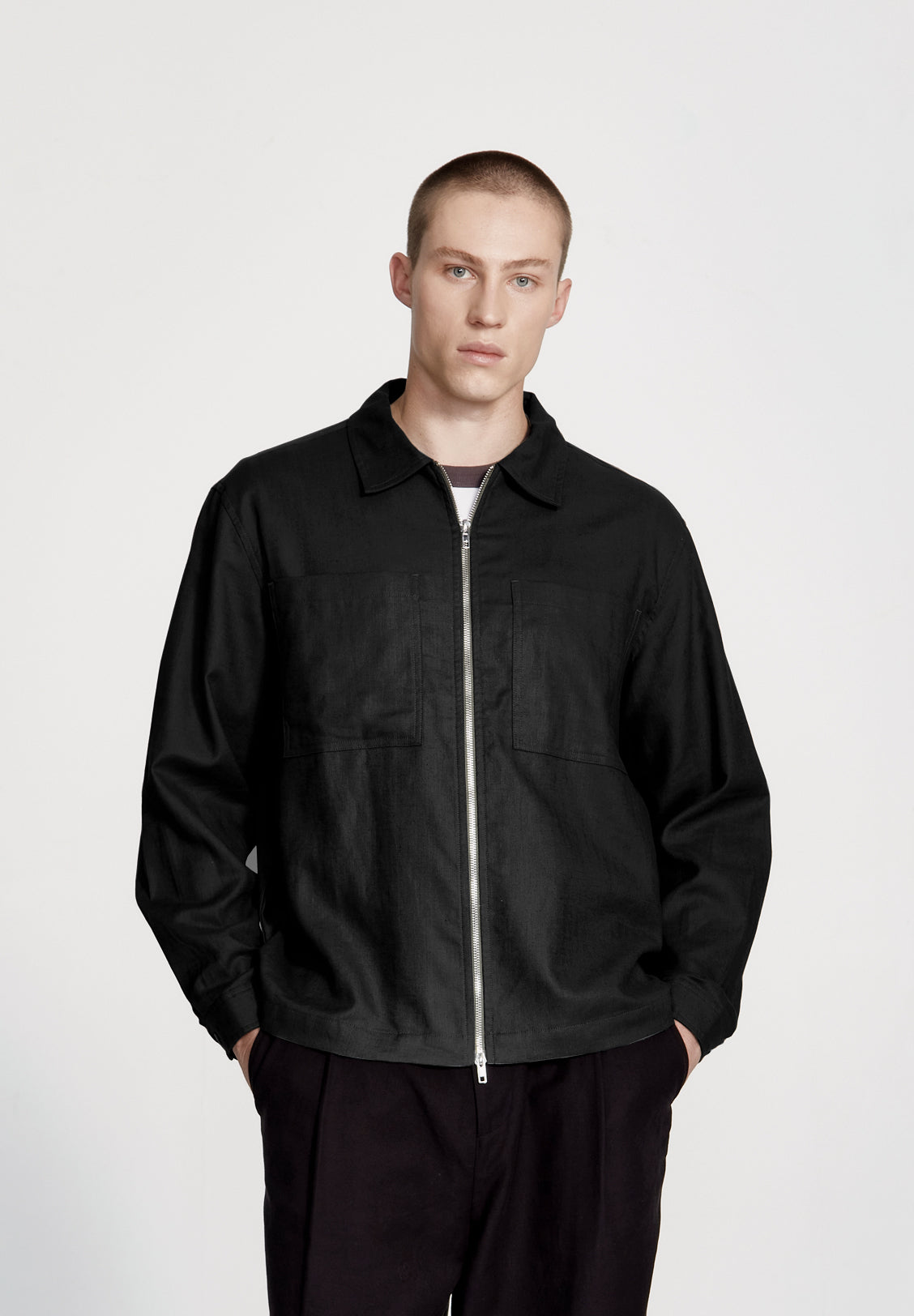 LINEN BLEND OVERSHIRT, BLACK