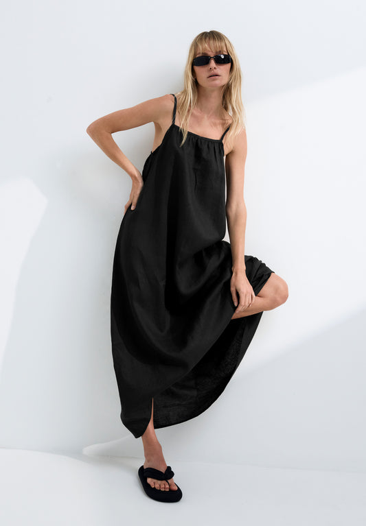 LINEN SUNDRESS, BLACK