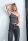 ONE SHOULDER RIB TANK, STORMY / WHITE