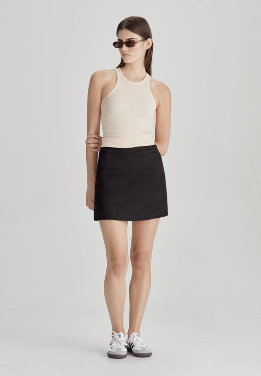 LINEN MINI SKIRT, BLACK