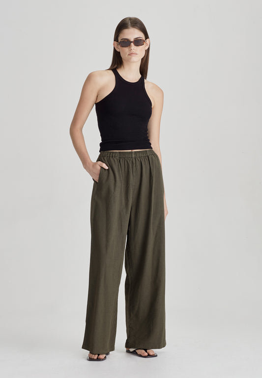 LINEN BLEND PULL ON PANT, OLIVE GREY