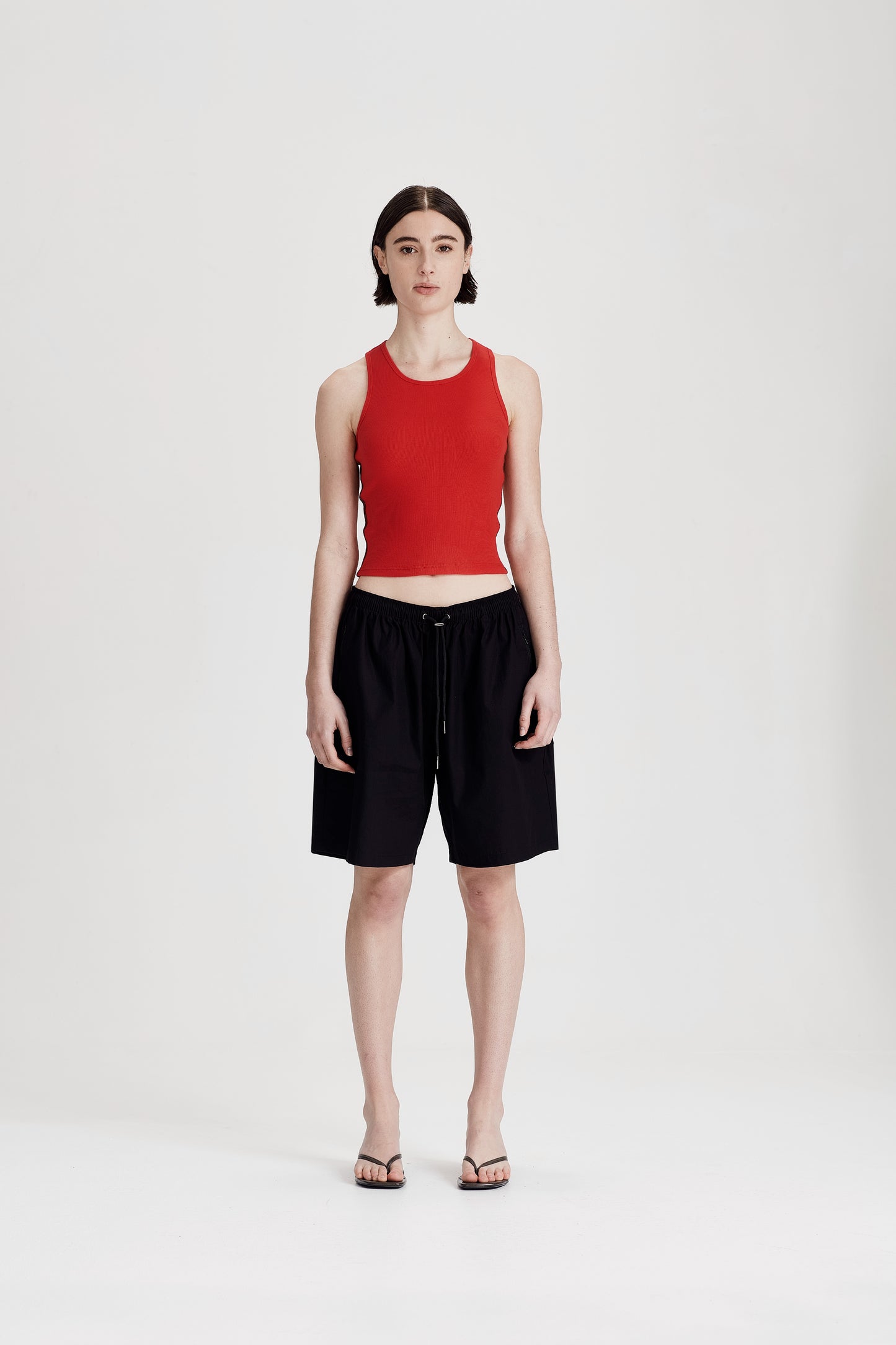 FINE RIB RACER BACK, RED WITH COCOA STRIPE