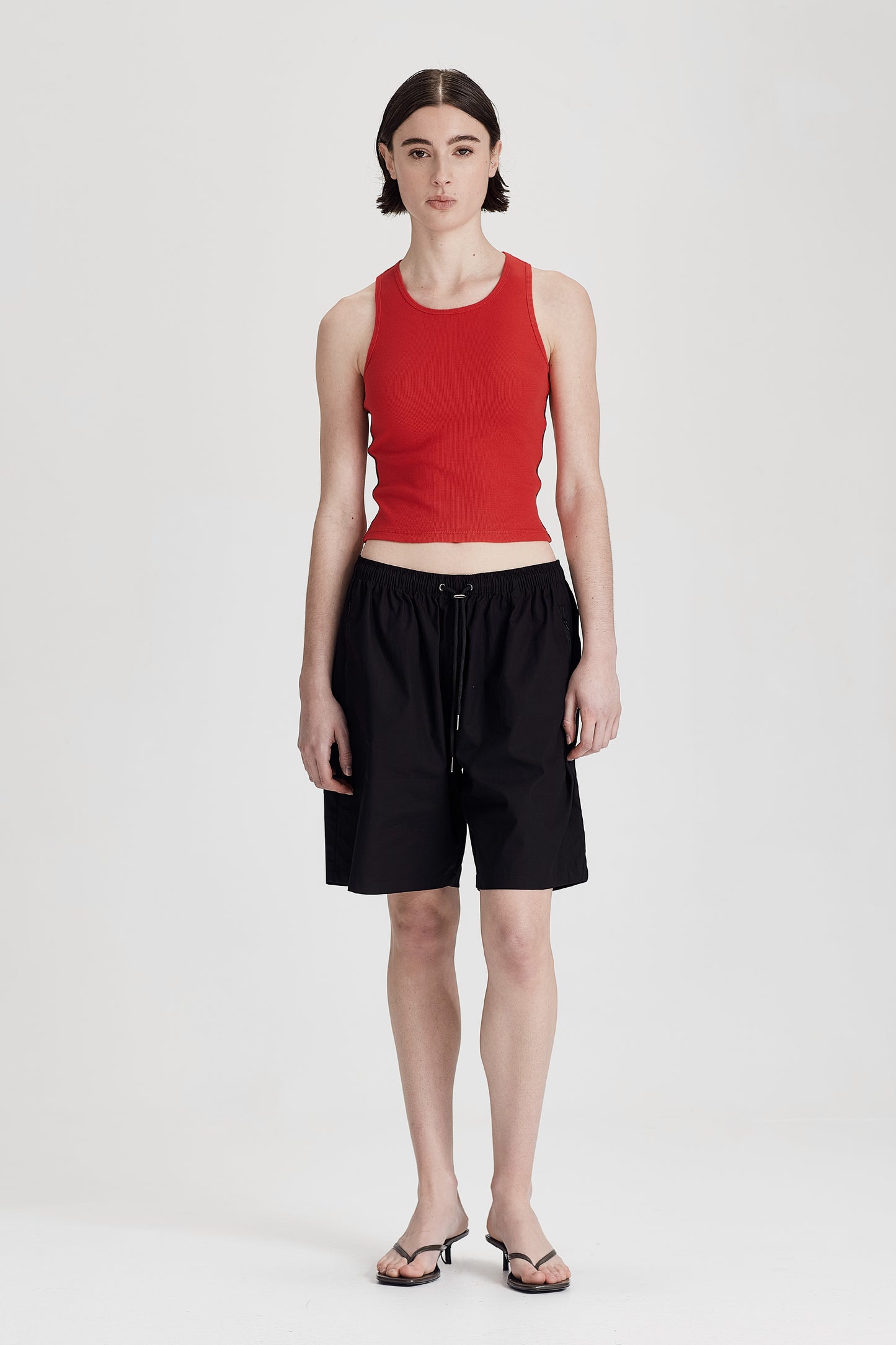 FINE RIB RACER BACK, RED WITH COCOA STRIPE