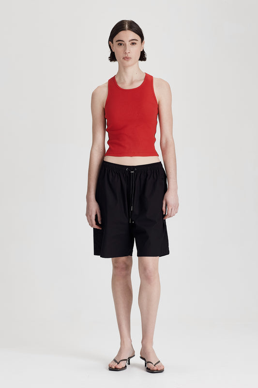 FINE RIB RACER BACK, RED WITH COCOA STRIPE