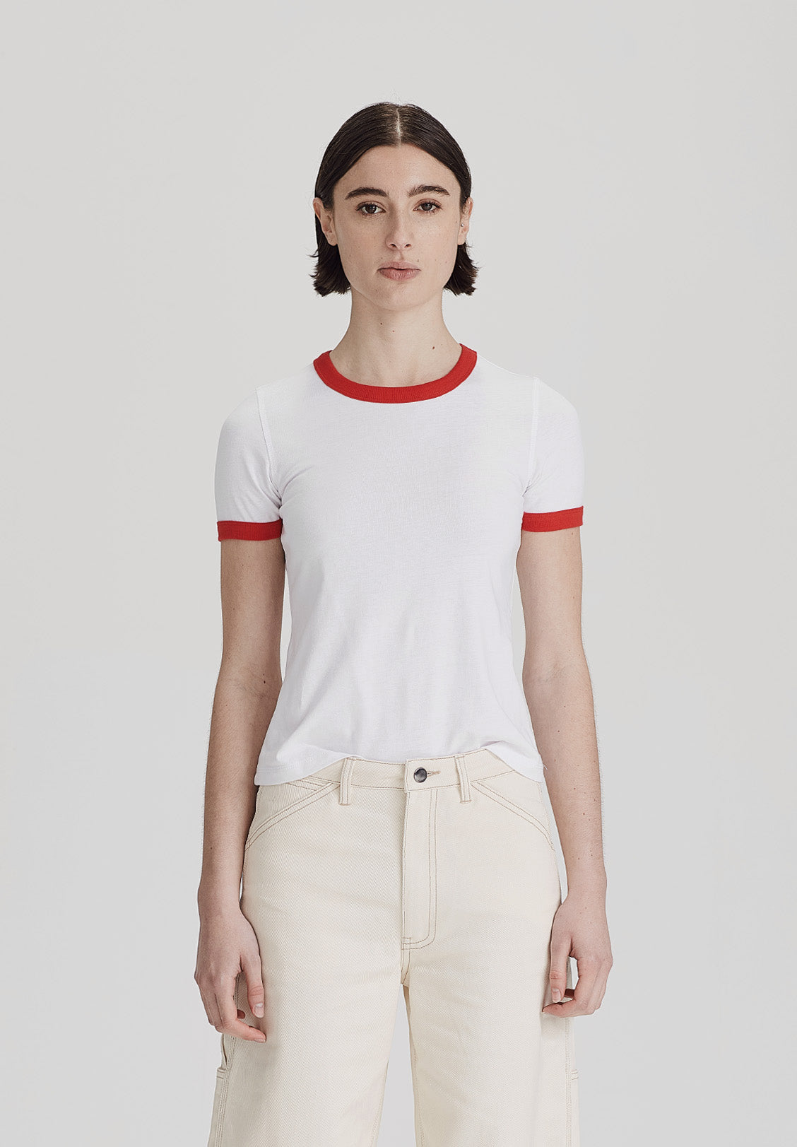 WOMENS RINGER TEE, WHITE WITH RED
