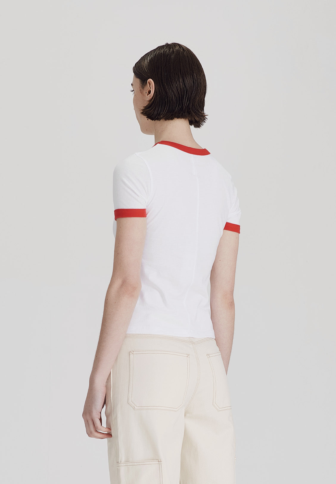 WOMENS RINGER TEE, WHITE WITH RED