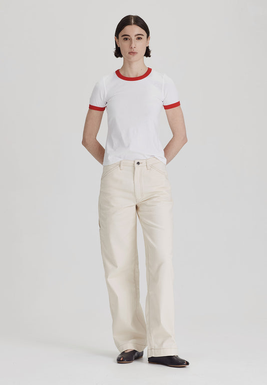 WOMENS RINGER TEE, WHITE WITH RED